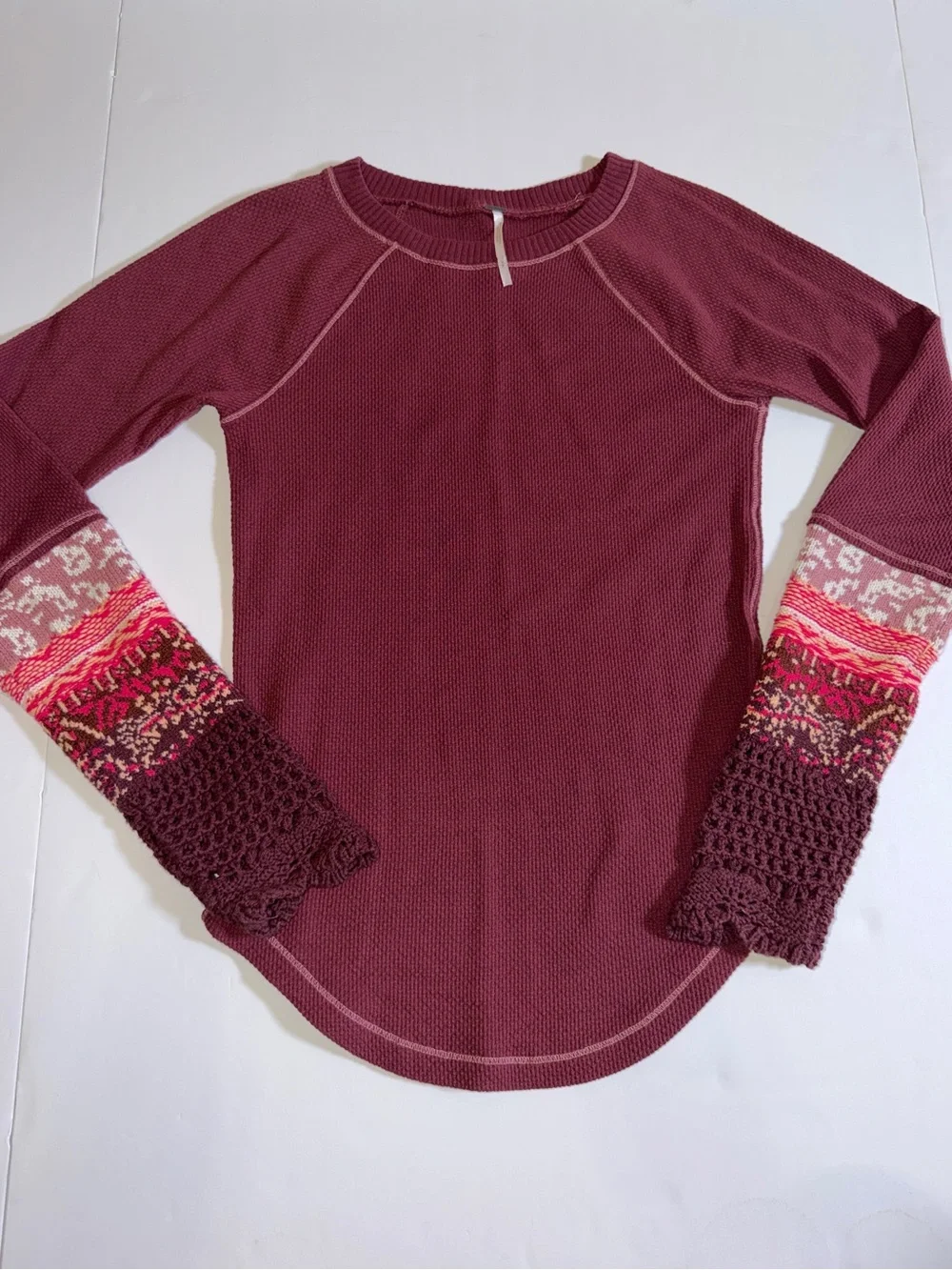 Free People BohoWomen’s Thermal Knit Long Sleeve Top with Patterned Cuffs